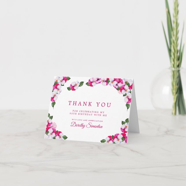 Pretty Pink White Floral 90th Birthday Thank You Card (Front)
