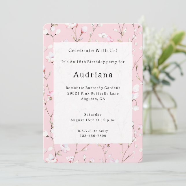 Pretty Pink White Floral Birthday   Invitation (Standing Front)