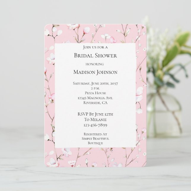 Pretty Pink White Floral Bridal Shower Invitation (Standing Front)