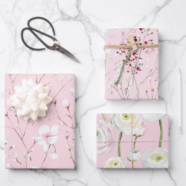Pretty Pink White Floral Bridal Shower Wrapping Paper Sheets (Front)