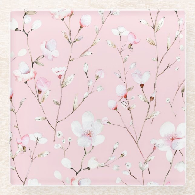 Pretty Pink White Floral Glass Coaster (Front)