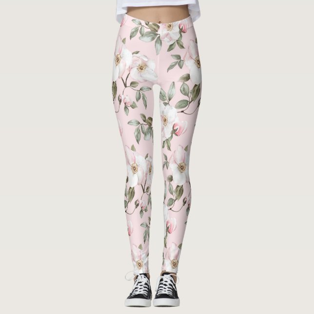 Pretty Pink White Floral Leggings (Front)