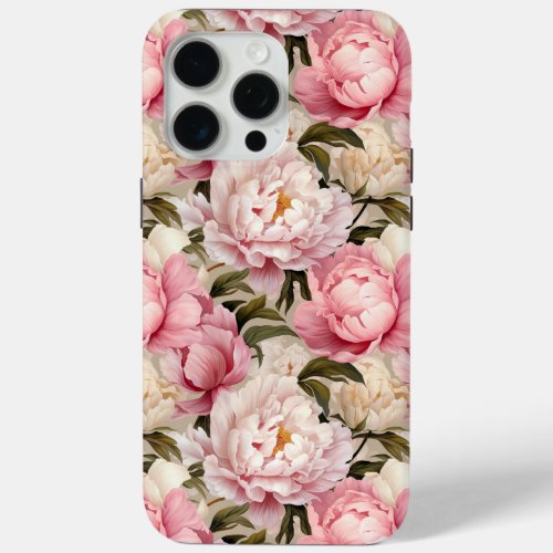 Pretty Pink White Floral Peonies Designer Tough iPhone 15 Pro Max Case