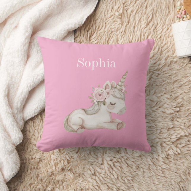 Pretty Pink White Floral Unicorn Throw Pillow (Blanket)