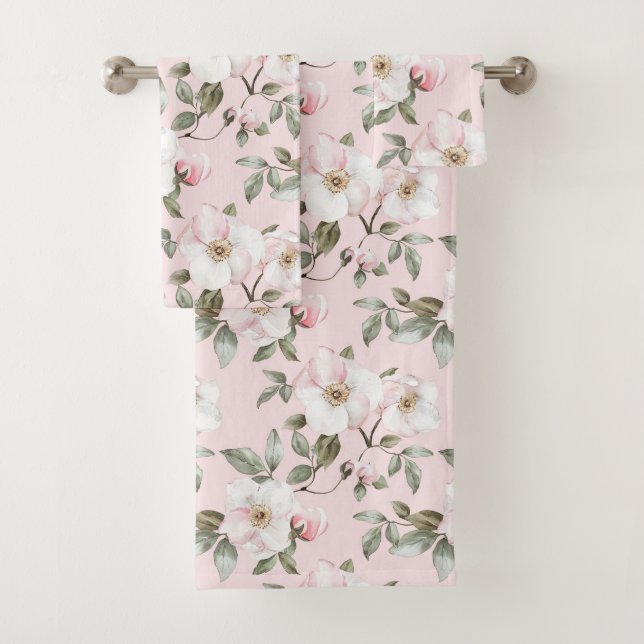 Pretty Pink White Flowers Bridal Shower Bath Towel Set (Insitu)