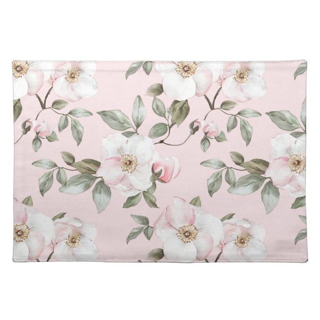 Pretty Pink White Flowers Bridal Shower Cloth Placemat (Front)