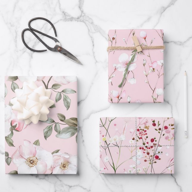 Pretty Pink White Flowers Bridal Shower Wrapping Paper Sheets (Front)