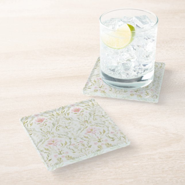 Pretty Pink White Flowers Glass Coaster (Angled)