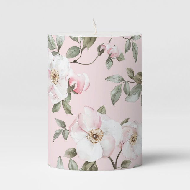 Pretty Pink White Flowers   Pillar Candle (Front)