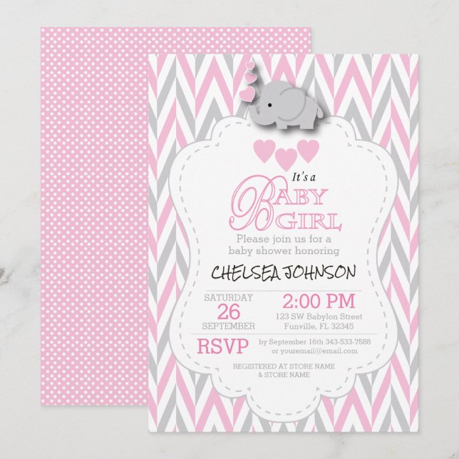 Pretty Pink, White Gray Elephant Baby Shower 2 Invitation (Front/Back)