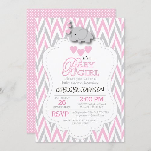 Pretty Pink White Gray Elephant Baby Shower 2 Invitation