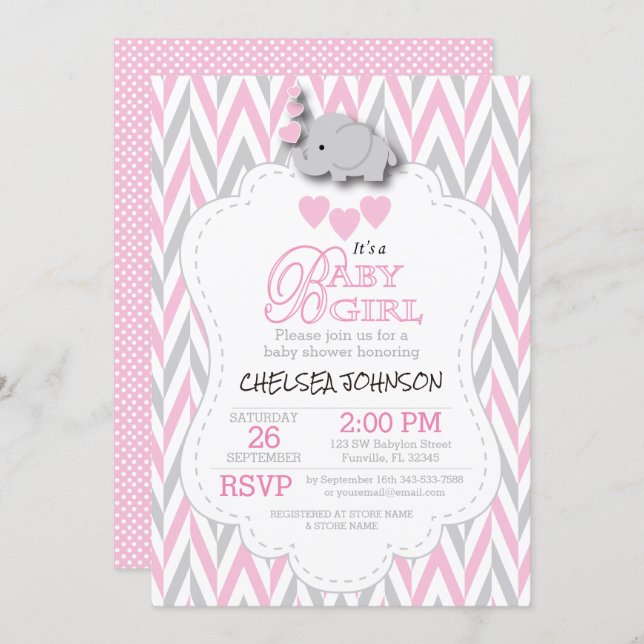 Pretty Pink, White Gray Elephant Baby Shower 2 Invitation (Front/Back)
