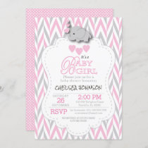 Pretty Pink, White Gray Elephant Baby Shower 2 Invitation