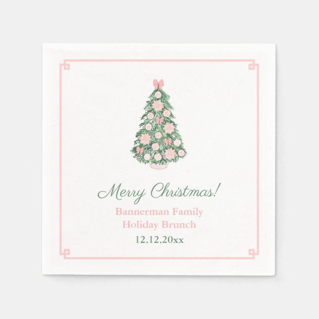 Pretty Pink White Holiday Tree Christmas Party Napkins (Front)