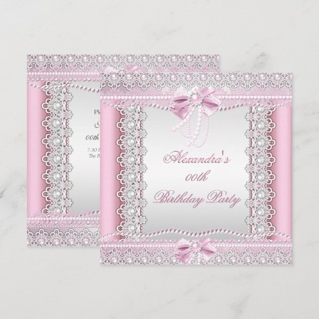 Pretty Pink White Pearls Lace Bow Birthday Party Invitation (Front/Back)