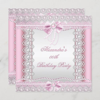 Pretty Pink White Pearls Lace Bow Birthday Party Invitation
