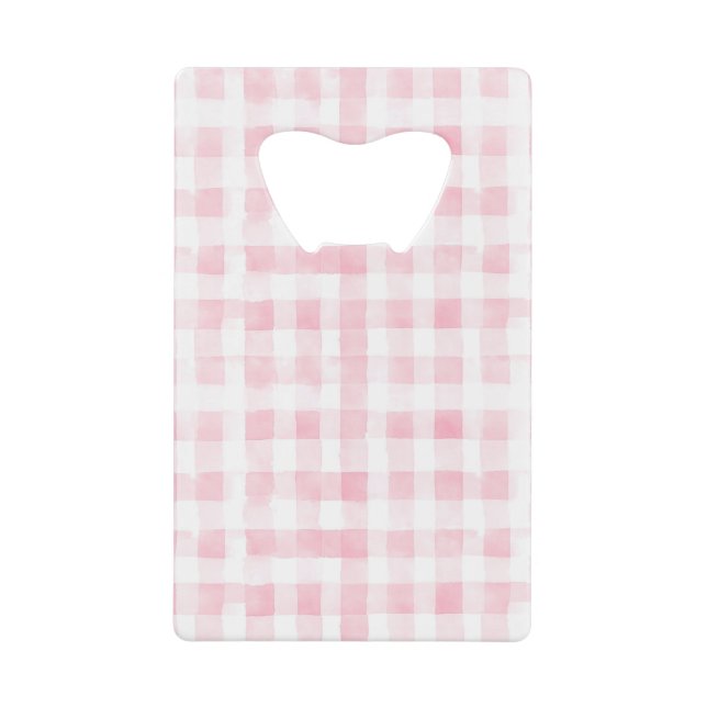 Pretty Pink White Plaid Blue Stripes Bridal Shower Credit Card Bottle Opener (Front)