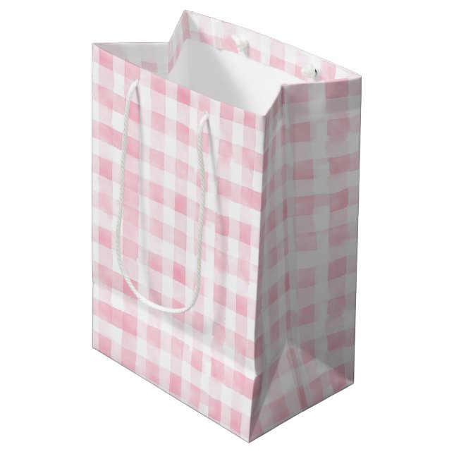 Pretty Pink White Plaid Stripes Bridal Shower Medium Gift Bag (Front Angled)