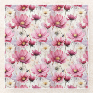 PRETTY PINK & WHITE POPPY ANEMONE FLOWERS GLASS COASTER
