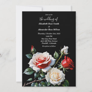 Pretty pink white red roses dark floral wedding invitation