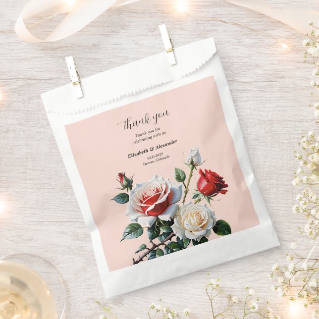 Pretty pink white red roses floral wedding favor bag (Clipped)