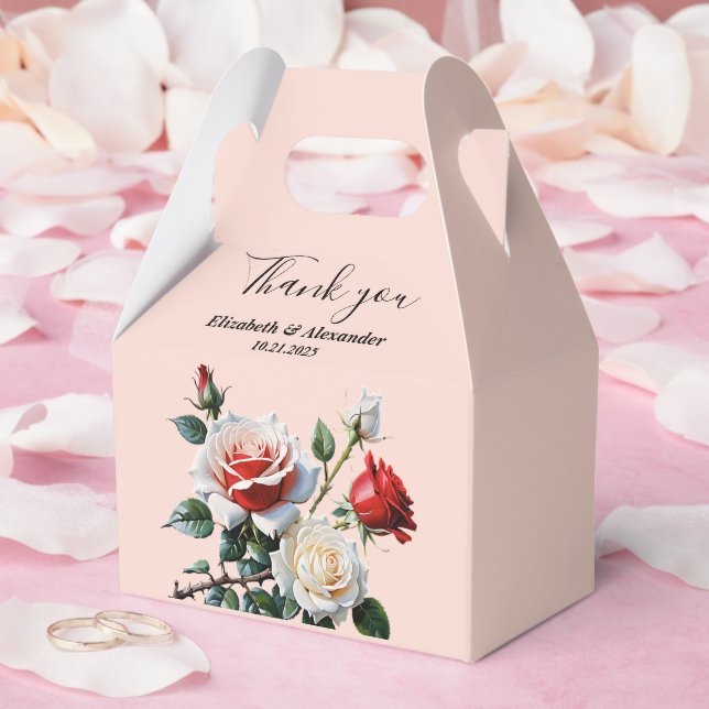 Pretty pink white red roses floral wedding favor boxes (Wedding)
