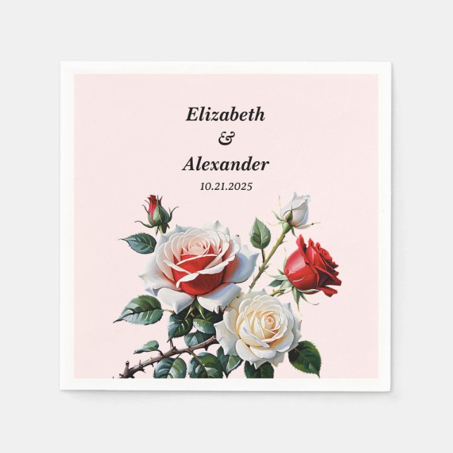 Pretty pink white red roses floral wedding  napkins (Front)
