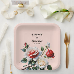 Pretty pink white red roses floral wedding paper plates