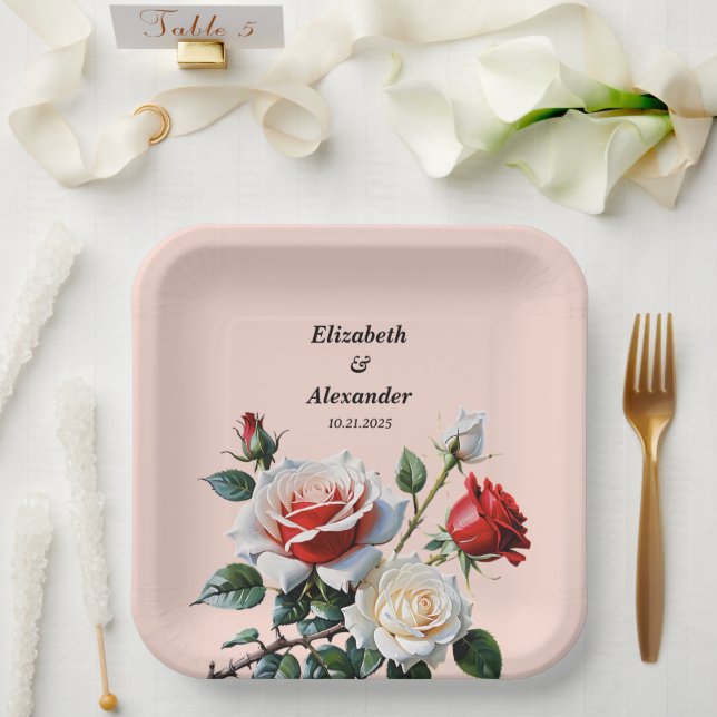 Pretty pink white red roses floral wedding paper plates (Wedding)