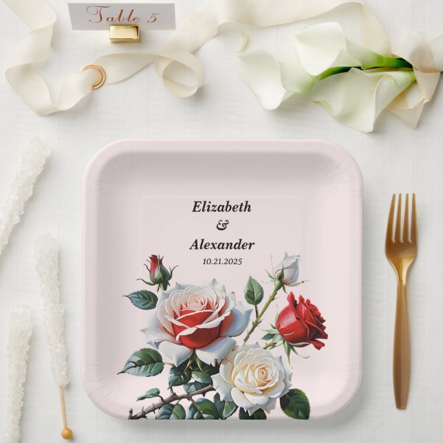 Pretty pink white red roses floral wedding paper plates (Wedding)