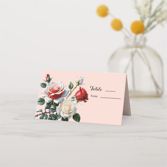 Pretty pink white red roses floral wedding  place card (Front)