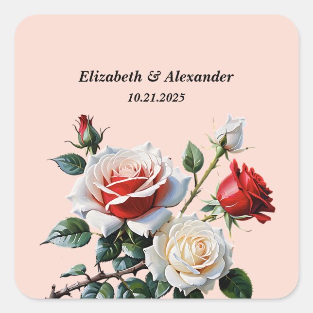 Pretty pink white red roses floral wedding square sticker (Front)
