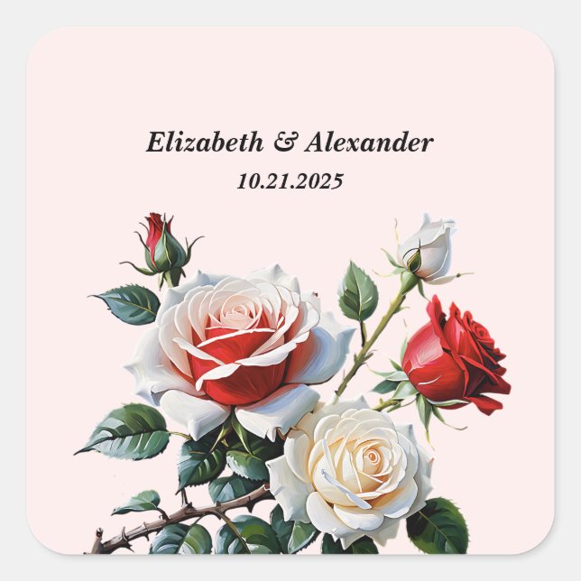 Pretty pink white red roses floral wedding square sticker (Front)