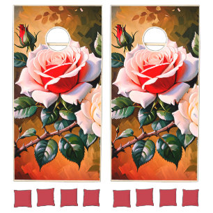 Pretty pink white red roses oil painting cornhole set