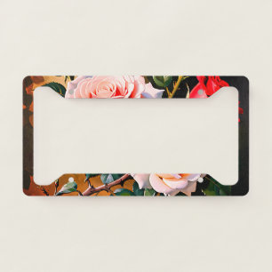 Pretty pink white red roses oil painting license plate frame