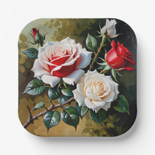 Pretty pink white red roses oil painting paper plates