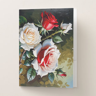 Pretty pink white red roses oil painting pocket folder