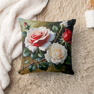 Pretty pink white red roses oil painting throw pillow