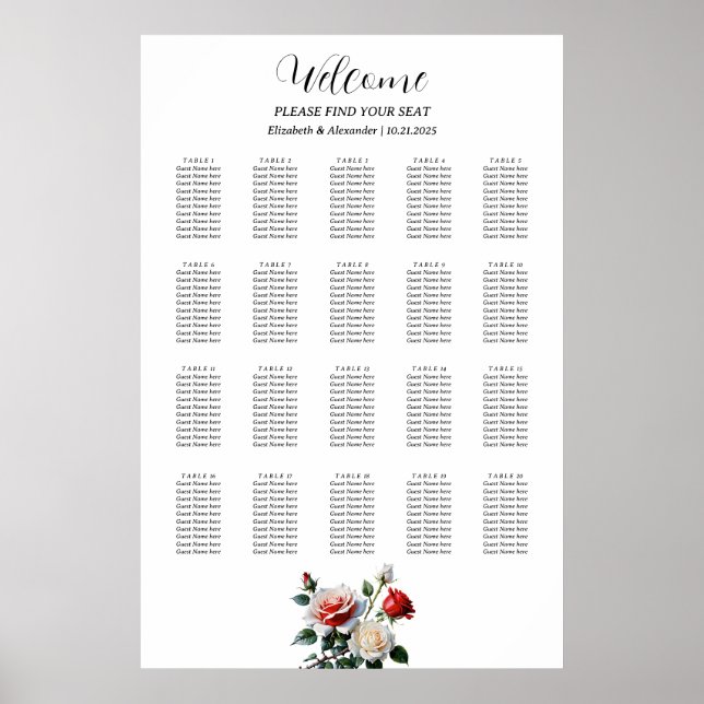 Pretty pink white red roses seating chart (Front)