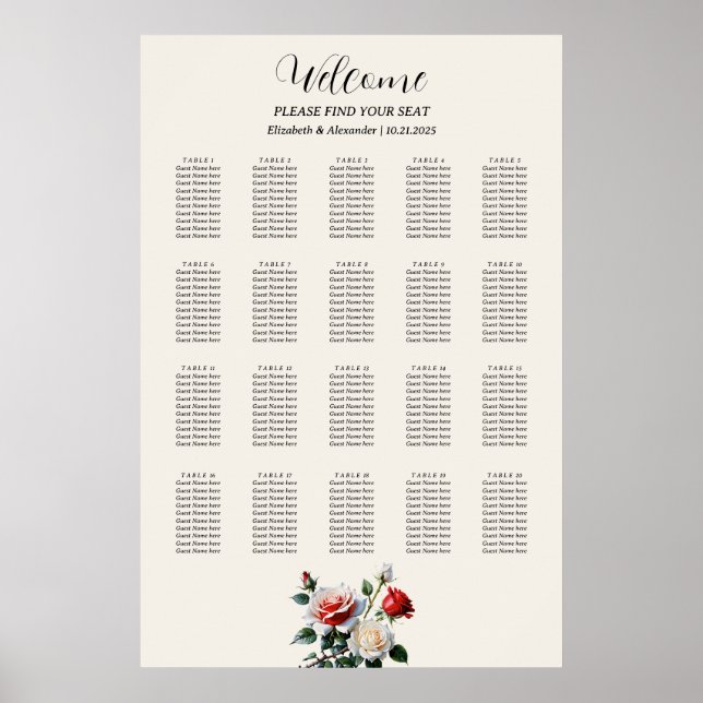 Pretty pink white red roses seating chart (Front)