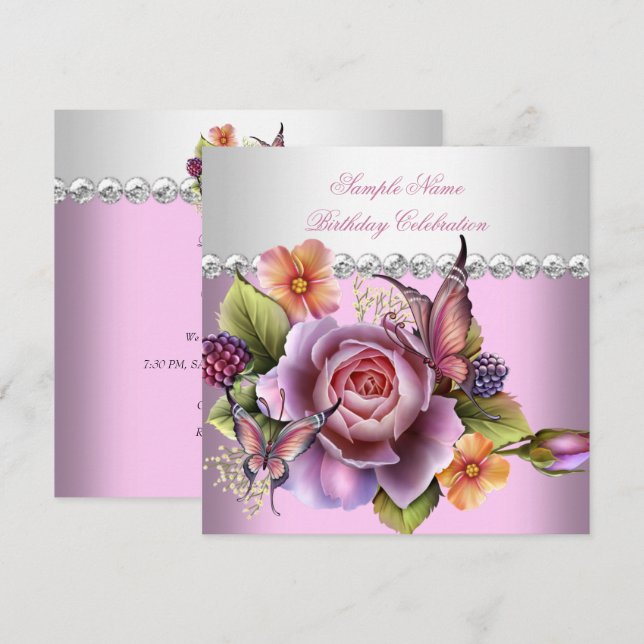 Pretty Pink White Roses Butterfly Birthday Party Invitation (Front/Back)