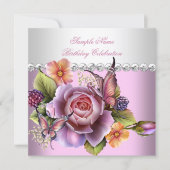 Pretty Pink White Roses Butterfly Birthday Party Invitation (Front)
