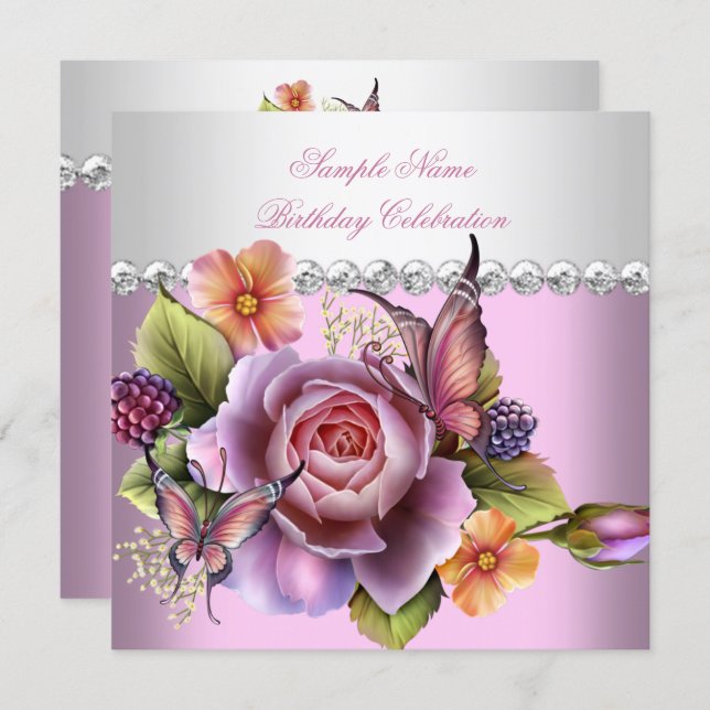 Pretty Pink White Roses Butterfly Birthday Party Invitation (Front/Back)