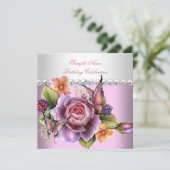 Pretty Pink White Roses Butterfly Birthday Party Invitation (Standing Front)
