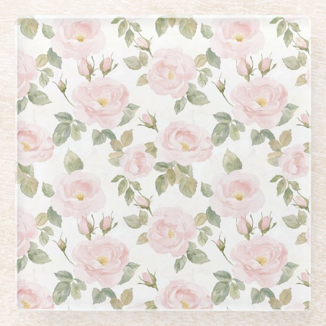 Pretty Pink White Roses Floral Bridal Shower Glass Coaster (Front)