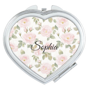 Pretty Pink White Roses Floral Compact Mirror
