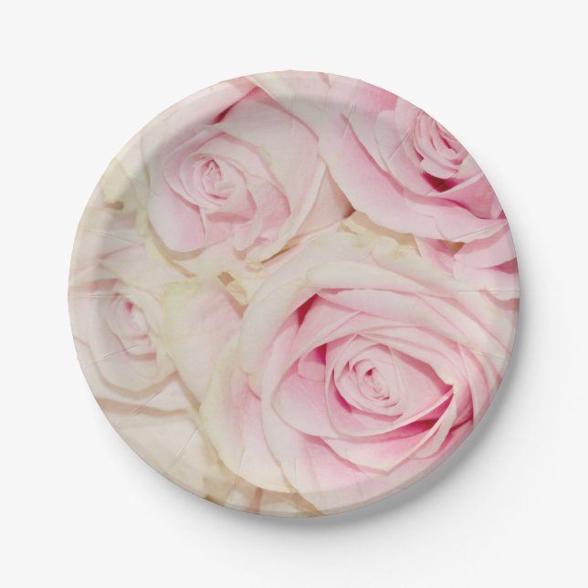 Pretty Pink White Roses Paper Plates (Front)