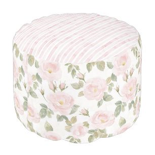 Pretty Pink White Stripes Floral Pouf
