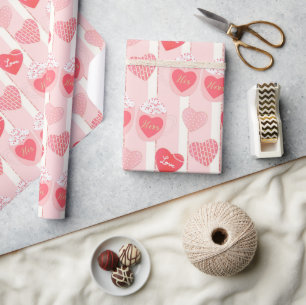Pretty Pink White Stripes Hearts Valentines Day Wrapping Paper
