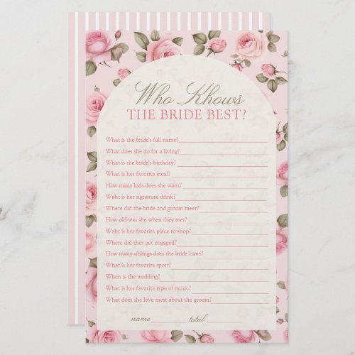 Pretty Pink Who Know The Bride Bridal Shower Game
